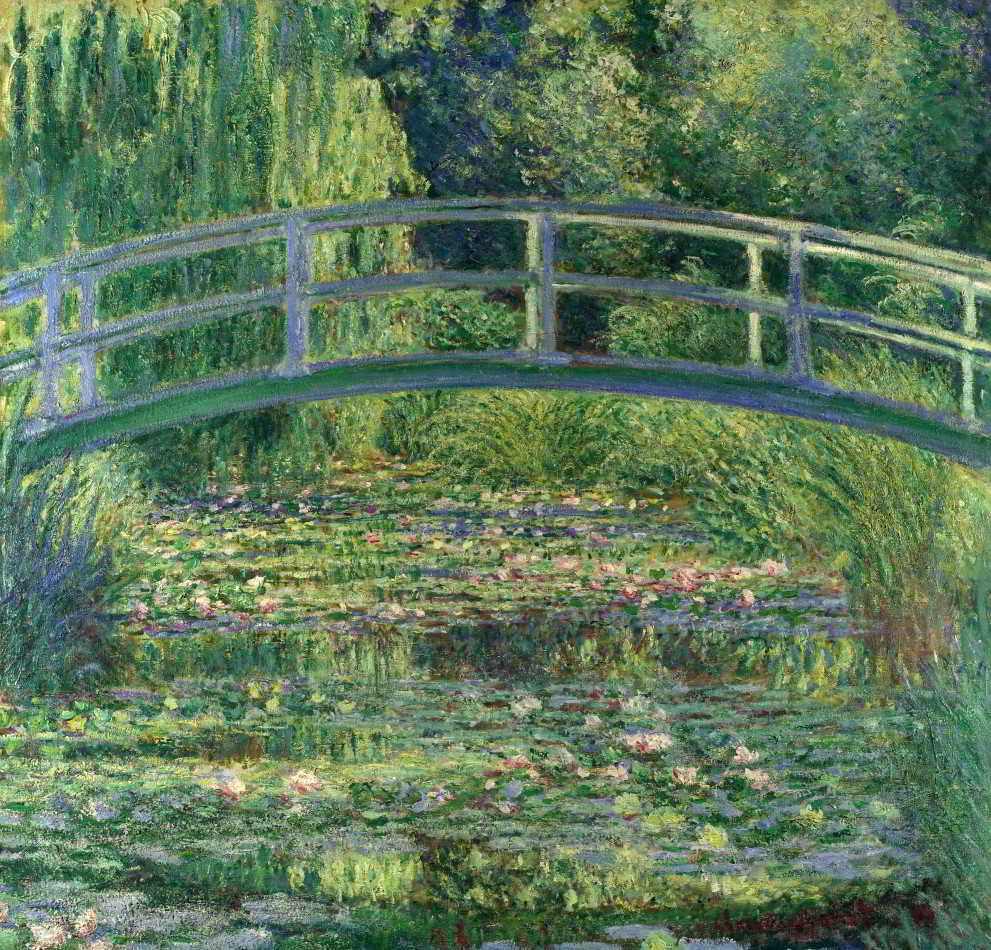 A ponte japonesa de Claude Monet, com vegetação e lago de ninfeias